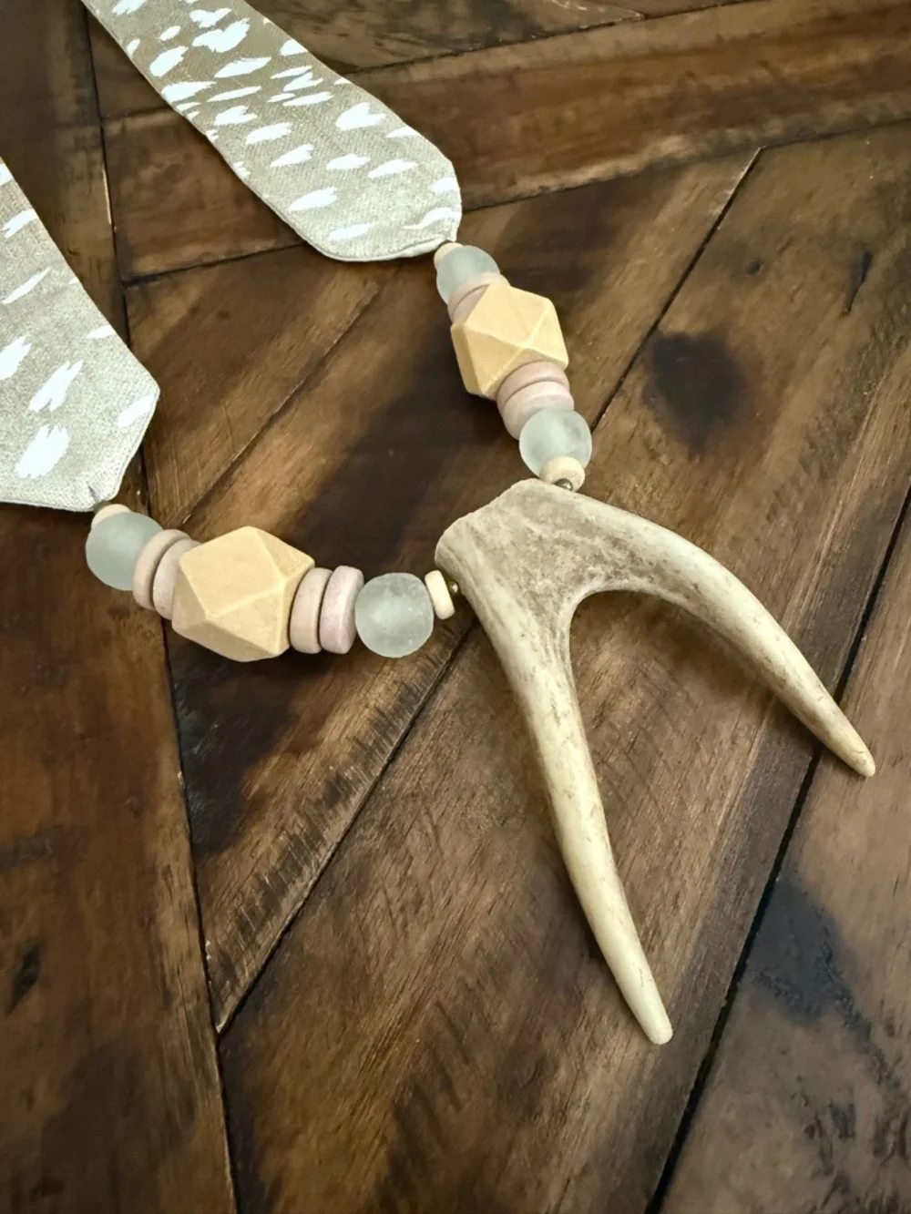 Neutral Beige and Cream Animal Print Ribbon Necklace with Wood Antler Pendant